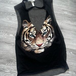 Black Mesh Tank Top with Tiger Face